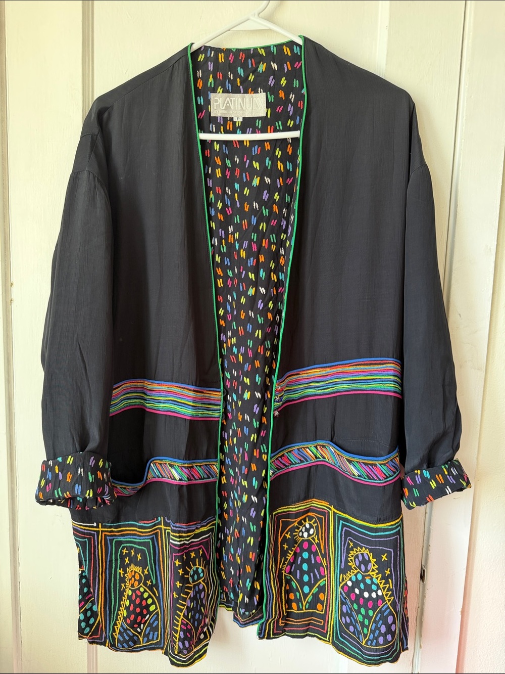 Black Embroidered Open-Front Jacket with Multicolor Trim